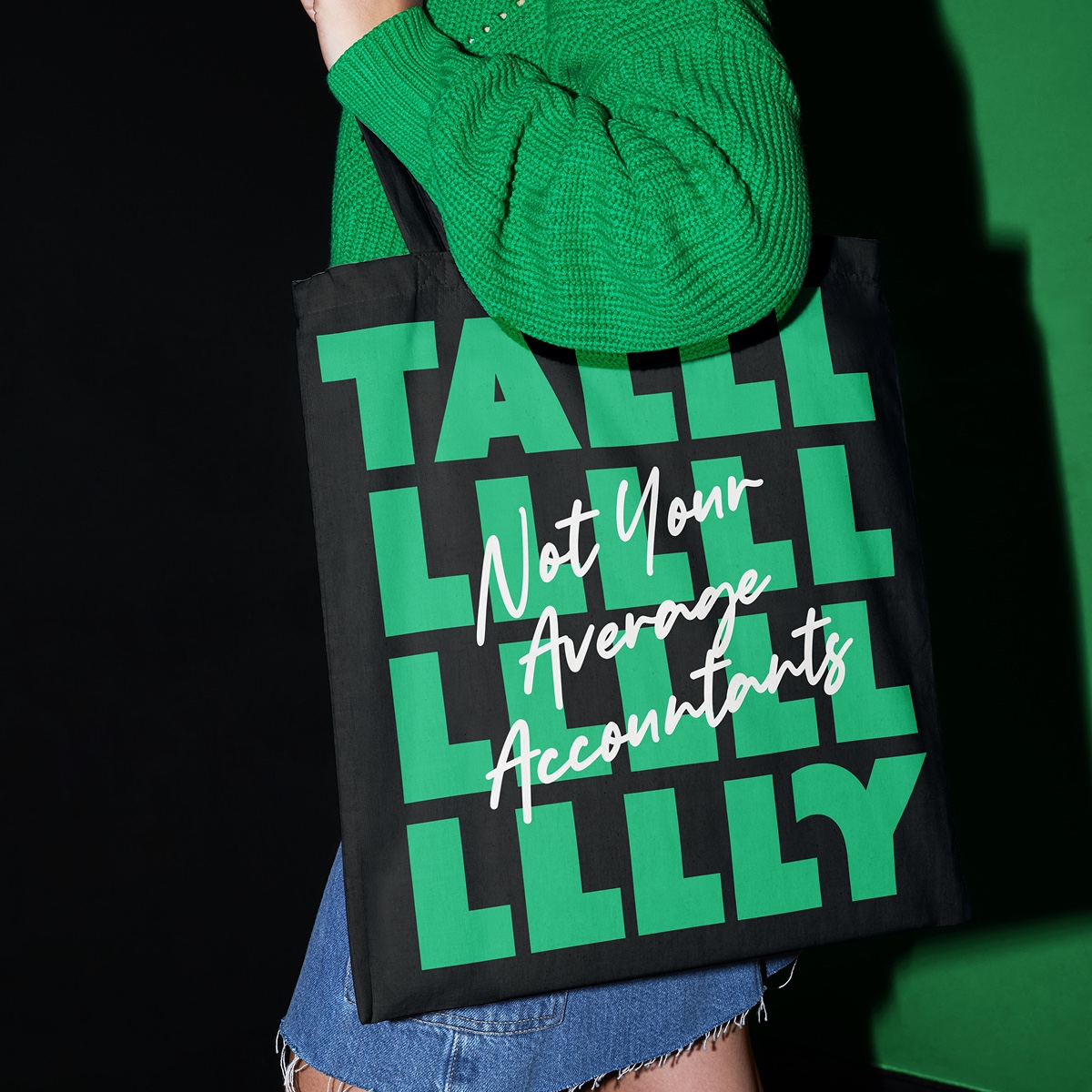 Tally — brand identity and merchandise design for an accounting firm with bold typographic tote bag